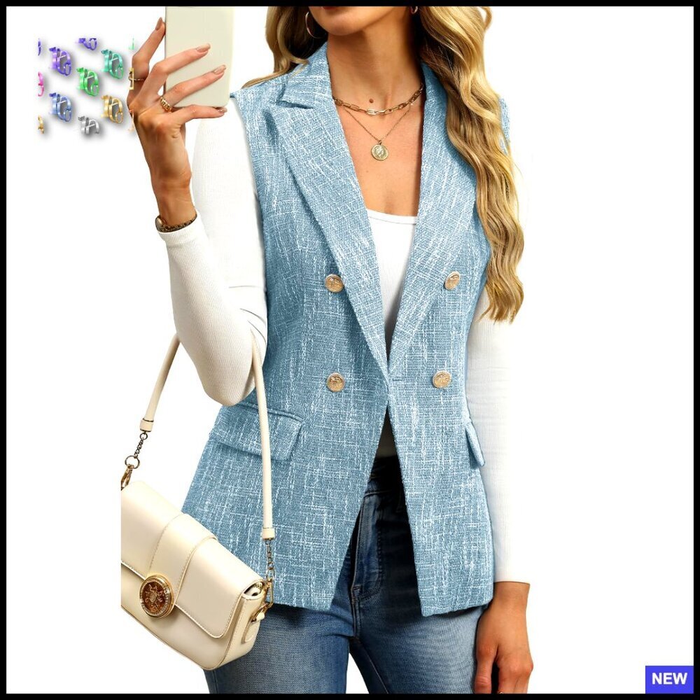 Sleeveless Tweed Vest Double-Breasted Blazer Style Chic Layering Piece Pockets
